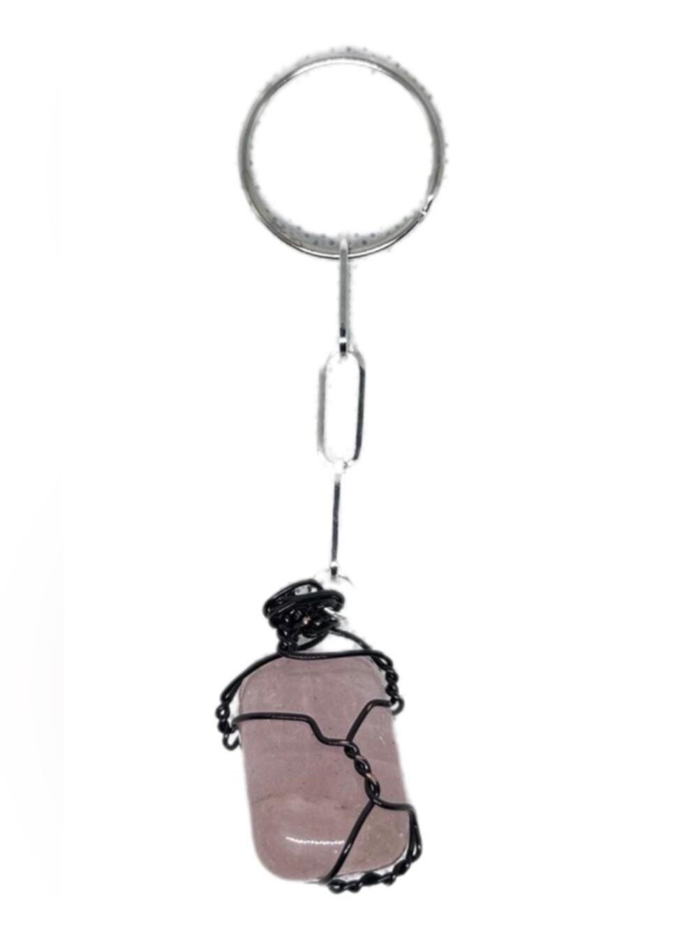 Rose quartz keychain polished stone distressed wire wrap handmade